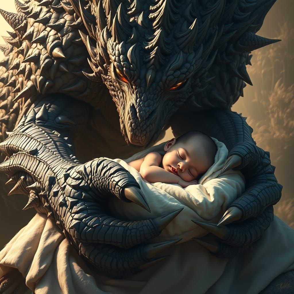 Ferocious Beast Cradling Baby in Hyperrealistic Fantasy Art
