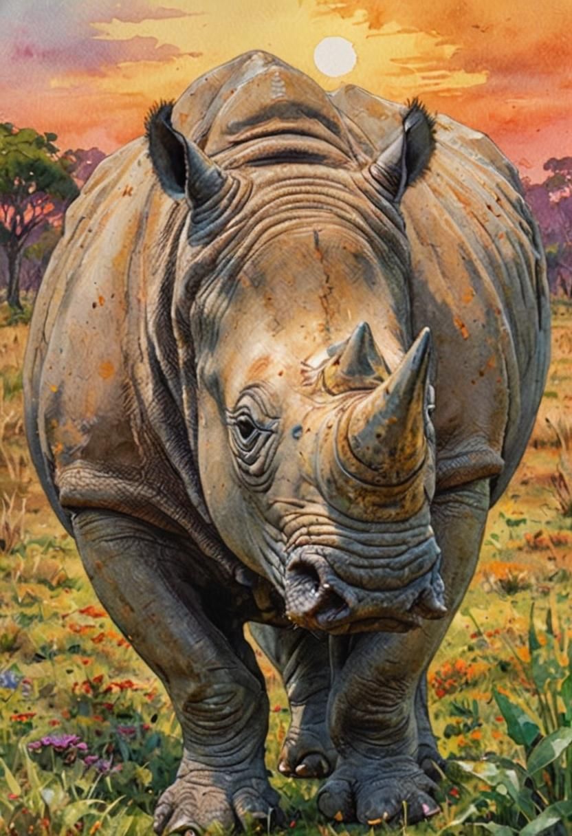 Rhino in Savannah: Hyperdetailed Watercolour Painting