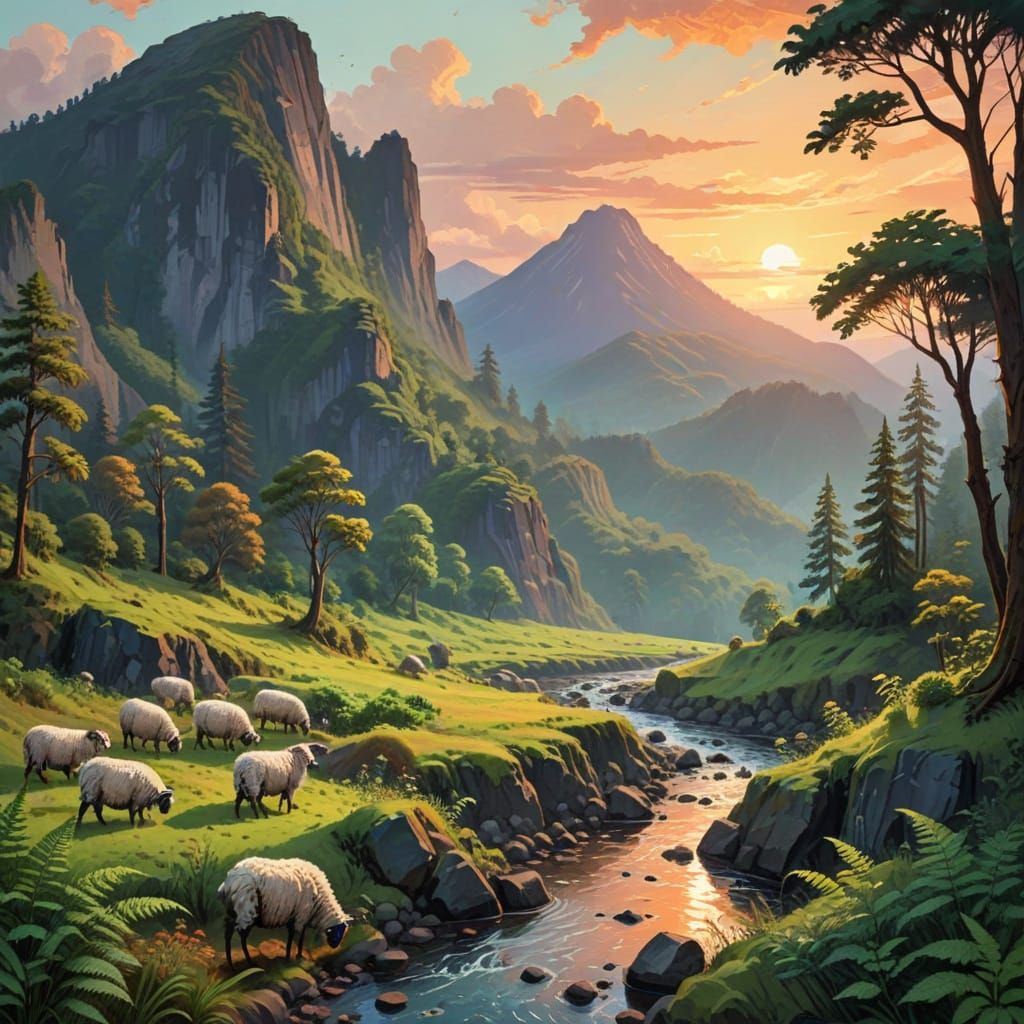 Sunset Forest Landscape with Ferns in Impasto Style