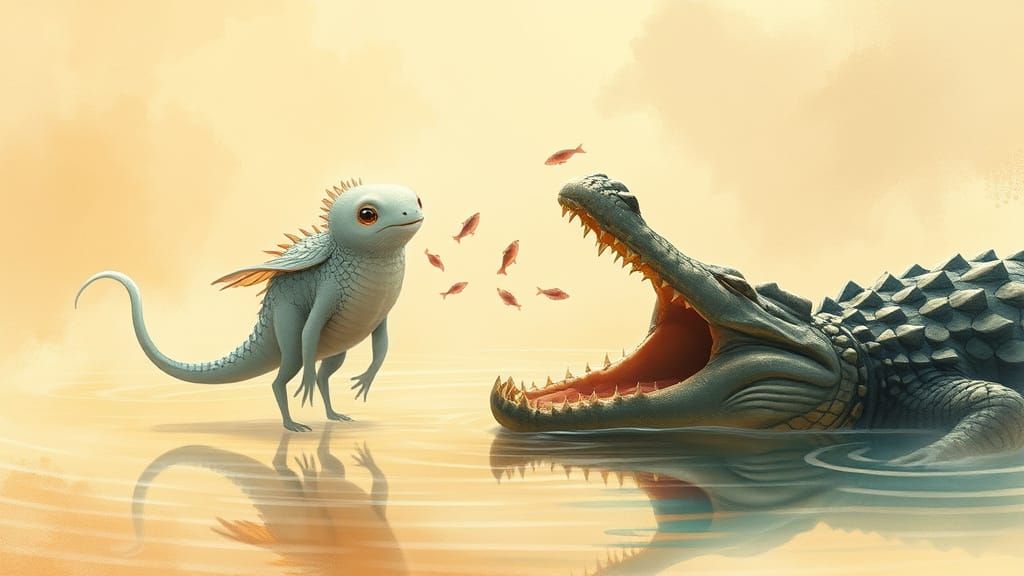 Serene Fantasy Creature Tosses Fish to Waiting Crocodile in ...
