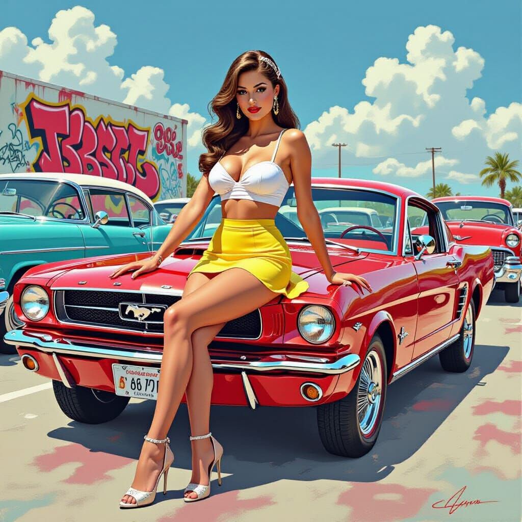 Glamorous Pinup Model Poses on Classic Red Ford Mustang
