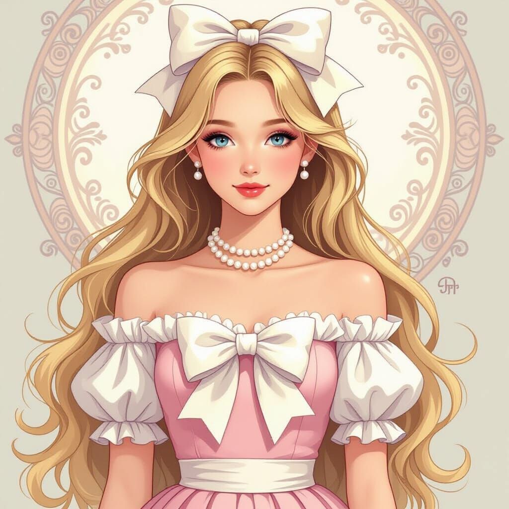 Blonde Young Woman in Pink Dress with White Bows