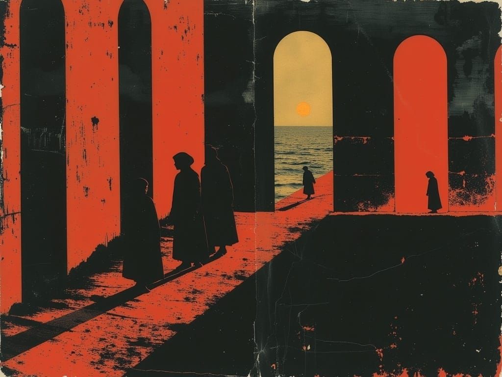 Dystopian Stairway: Robotic City at Sunset