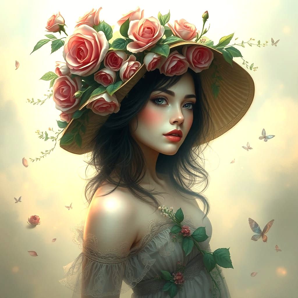 Ethereal Fantasy Beauty in Whimsical Rose Hat
