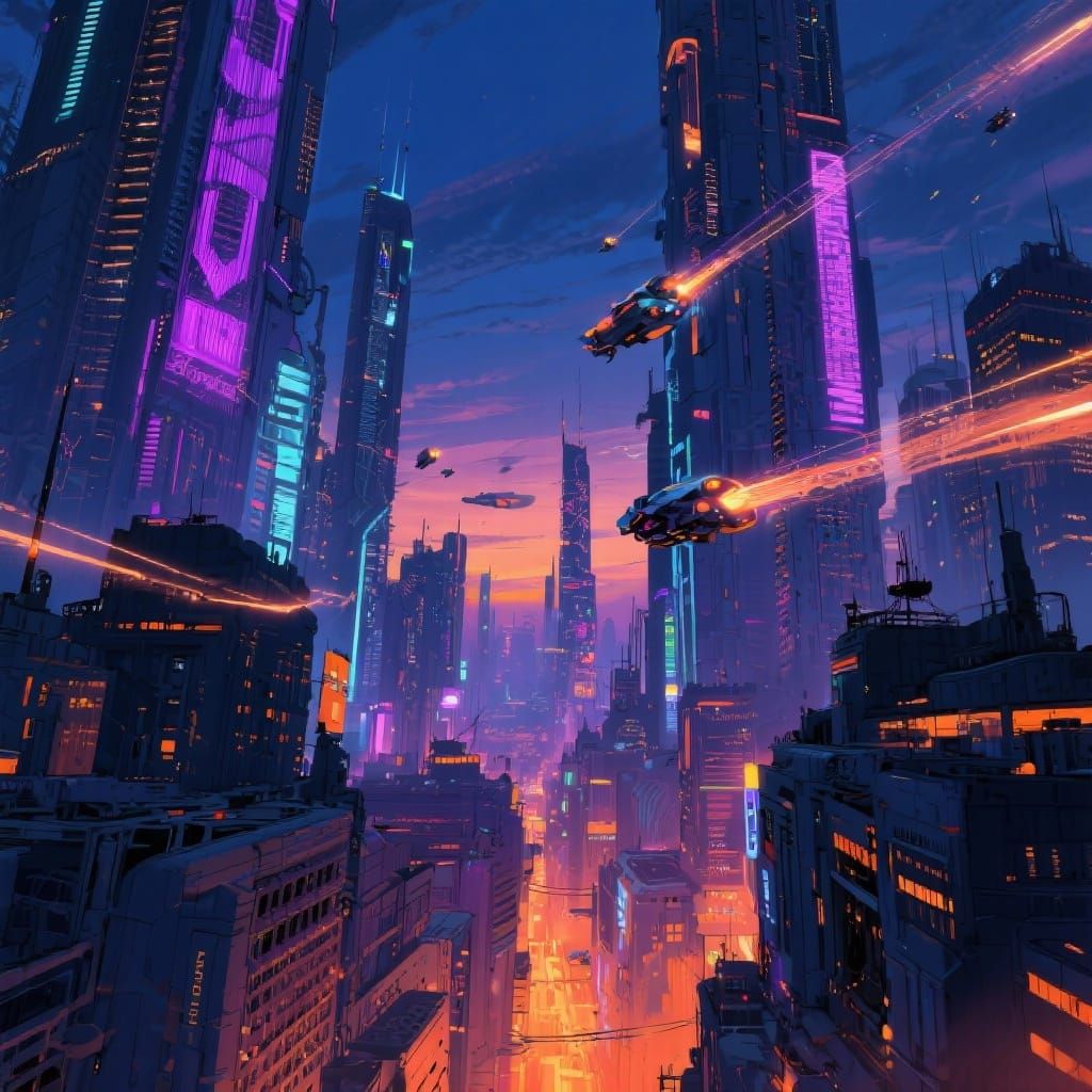 Futuristic Cityscape at Dusk with Neon Lights