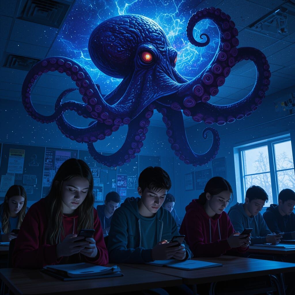 Teens Unaware of Cosmic Octopus Monster in Classroom