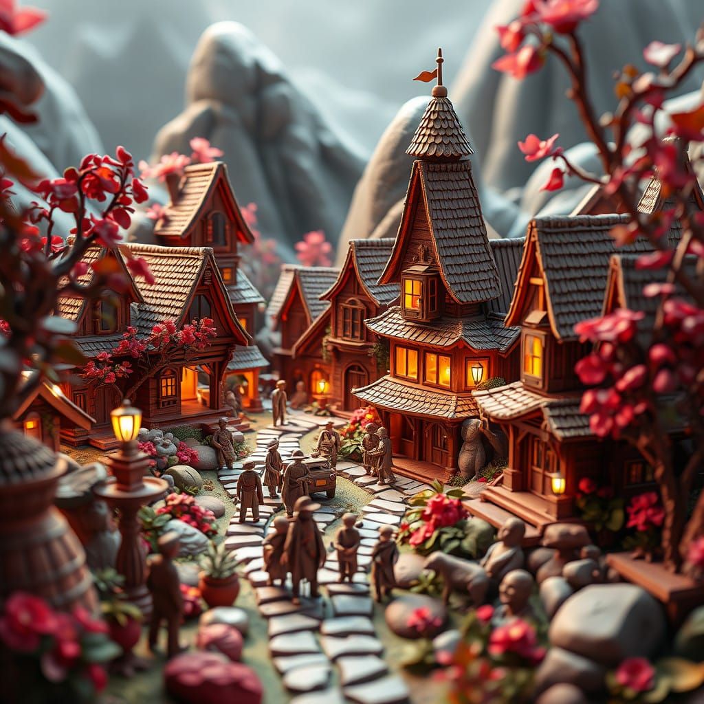 Miniature Clay Village in Fantastical Setting