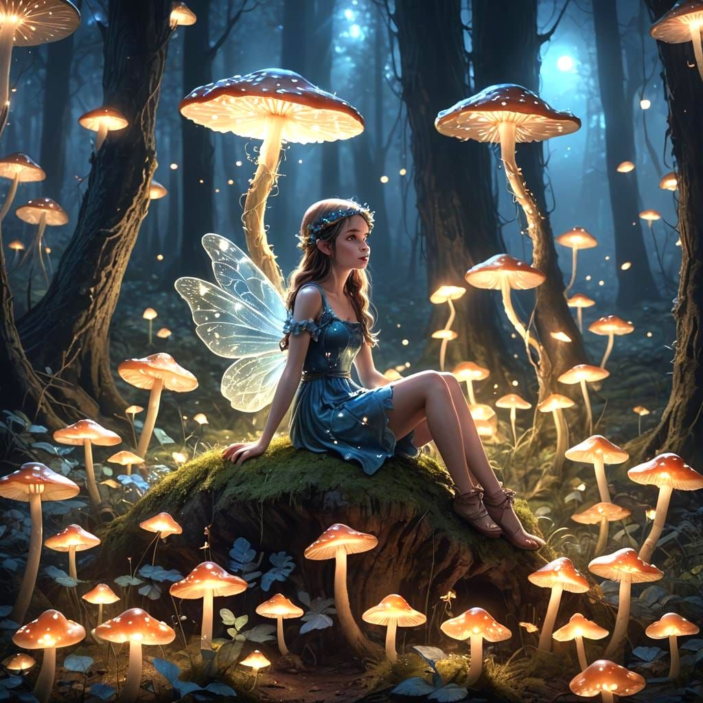 Fairy on a Mushroom in Moonlit Forest