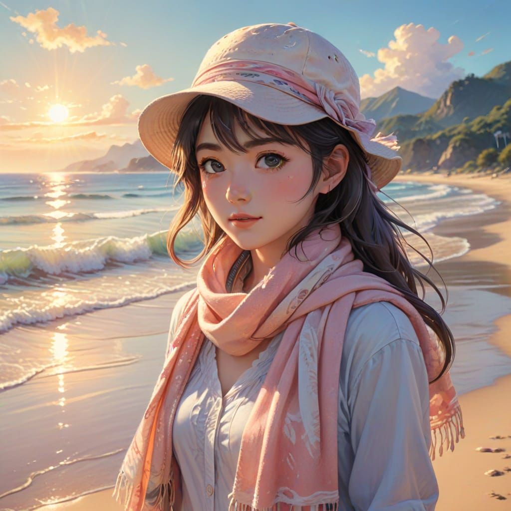 Anime Girl on Beach in Vibrant Anime Style