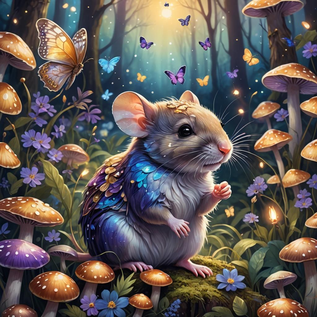 Cute Mouse Portrait in Magical Forest, Fantasy Art