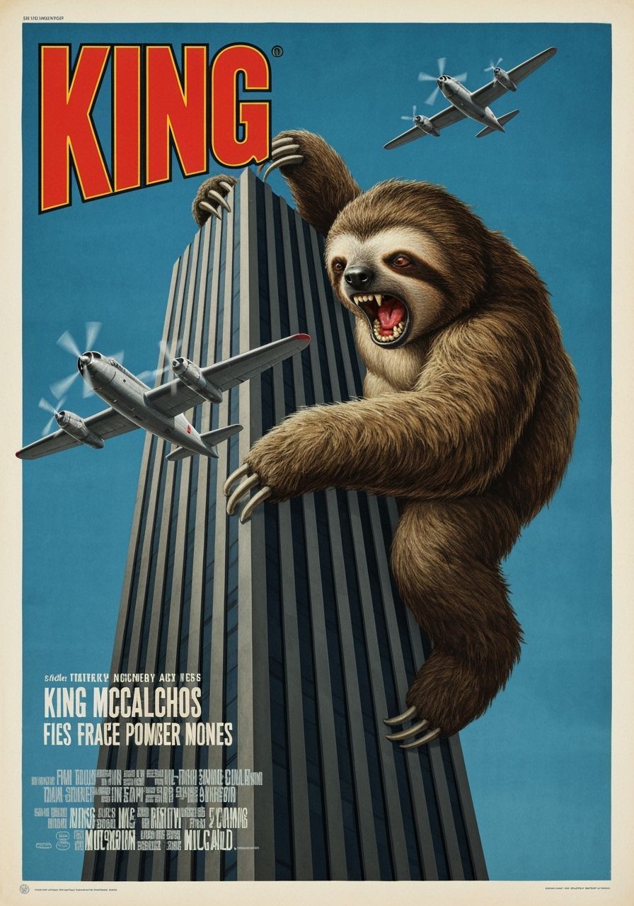 Giant Sloth Attacks Planes on Skyscraper in Vintage Poster S...