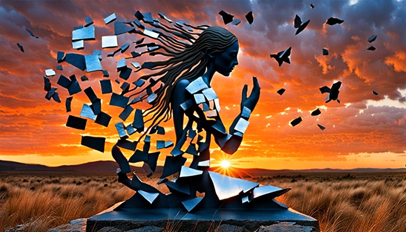 Surreal Sculpture of Woman at Sunset Bio Art Collage