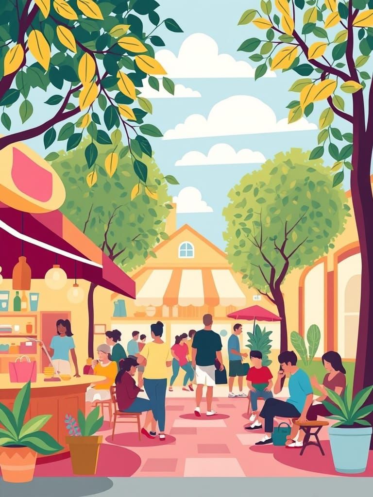 Vibrant Vector Art of a Busy Street Market