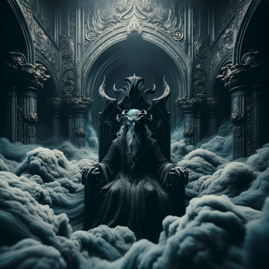 Enigmatic Mage on Shadowy Throne in Dark Fantasy Scene