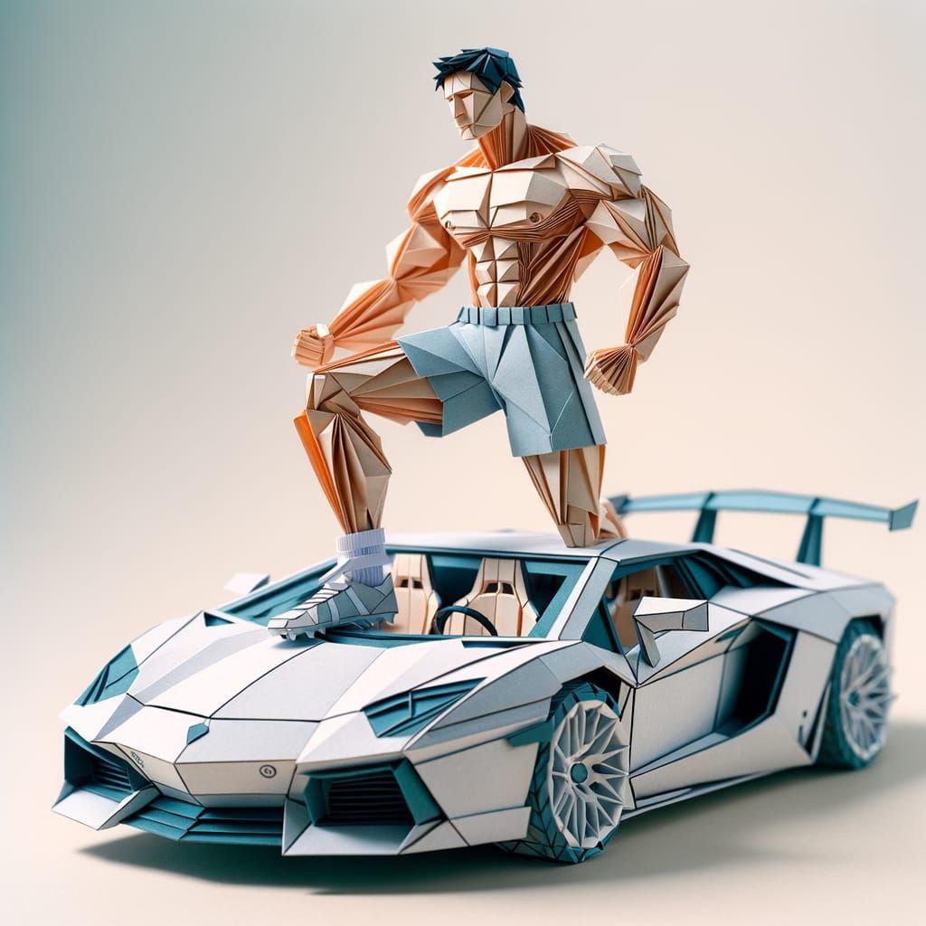 Origami Paper Sculpture of Athlete on Sports Car