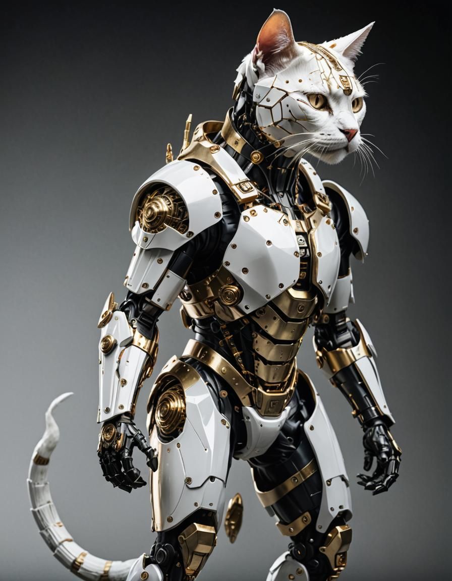 Cyborg Cat in White Armor, Detailed Digital Art
