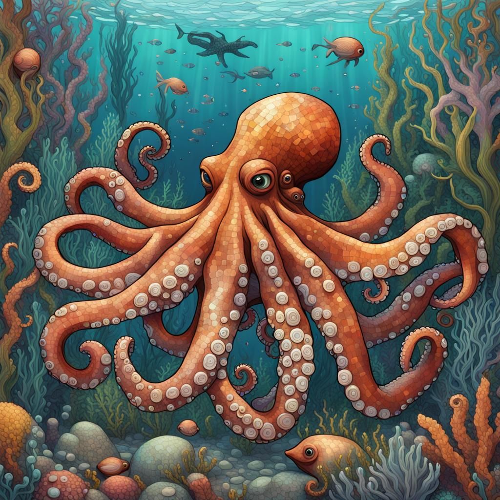 Octopus Underwater Garden in Maximalist Mosaic