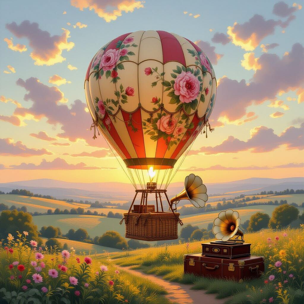 Whimsical Floral Hot Air Balloon Over Sunset Countryside