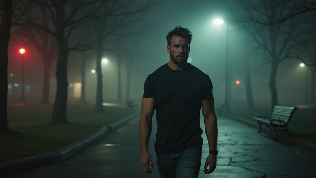 Brooding Man Walks Through City Park at Night in Moody, Cine...