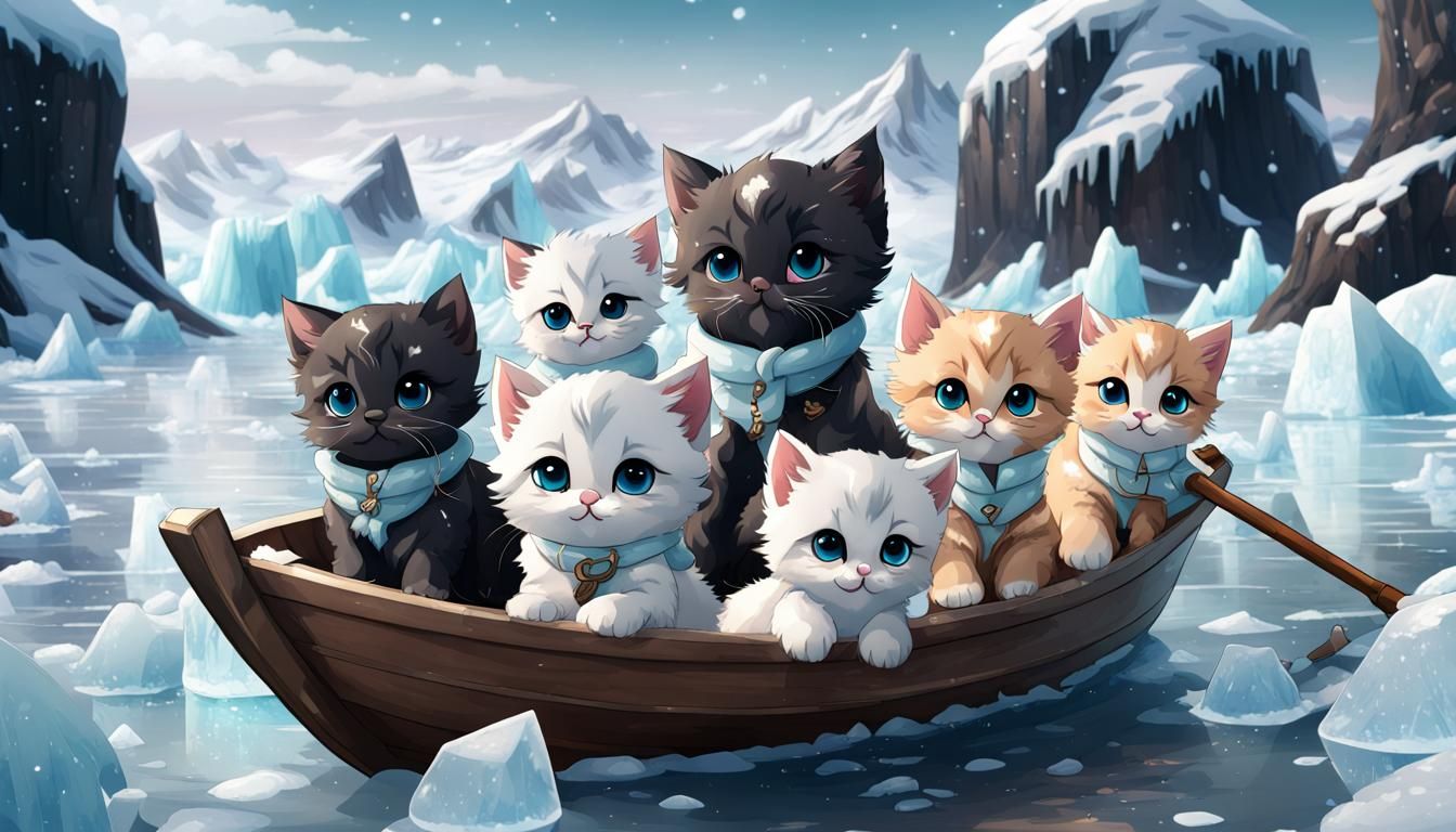 sea of ice with chibi  kittens in a boat