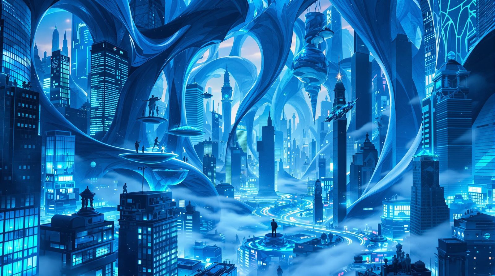 Surreal Blue Cityscape with Liquid Glass Architecture