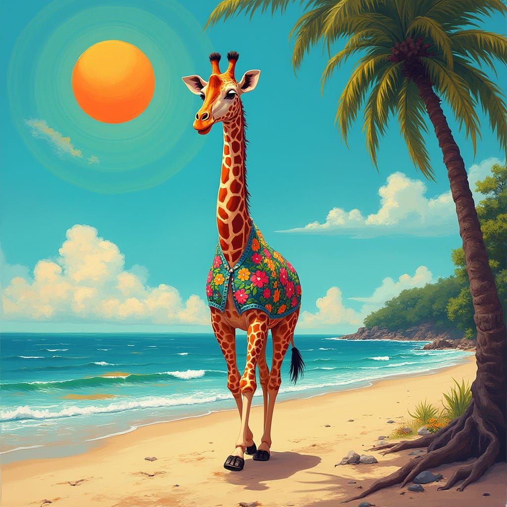 Giraffe on Beach in Rousseau-Inspired Style