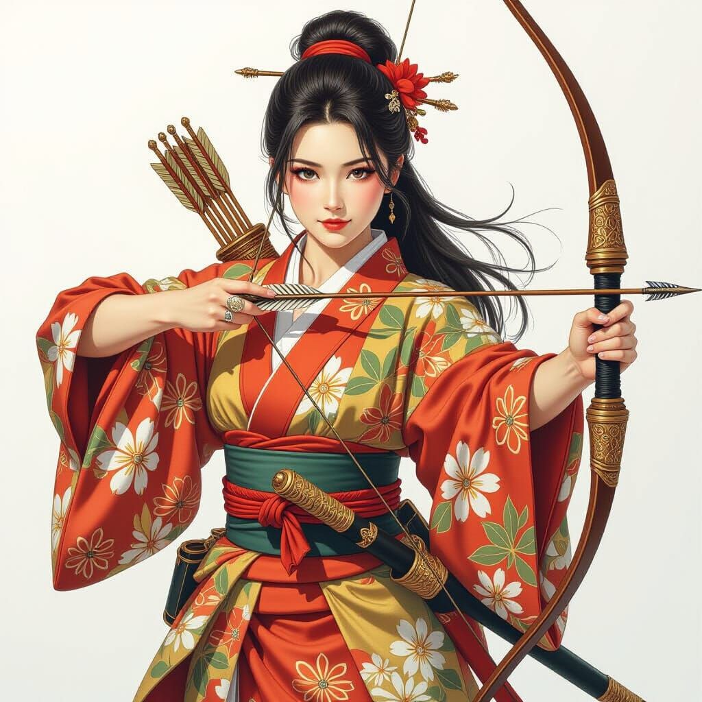 Female Folk Heroine with Bow, Colored Pencil Art