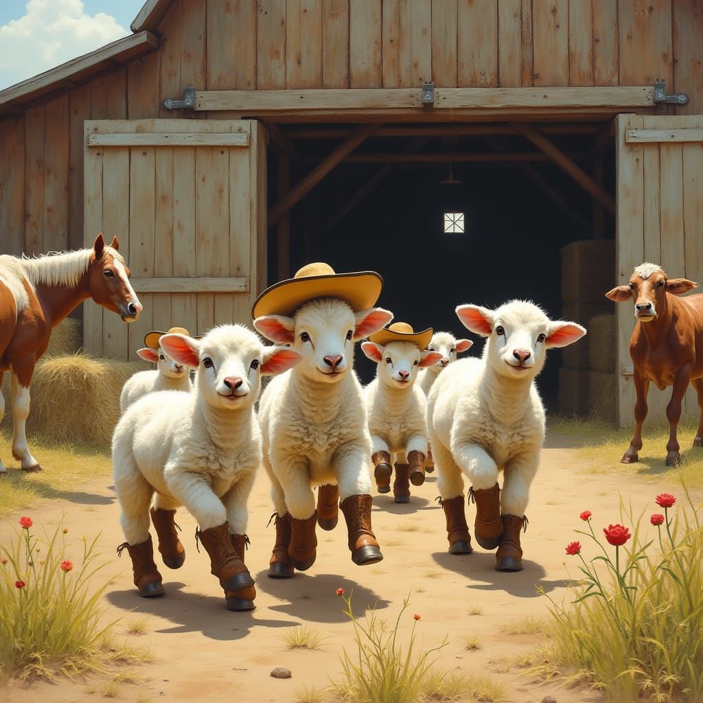 Lively Lambs Dance in Rustic Barn