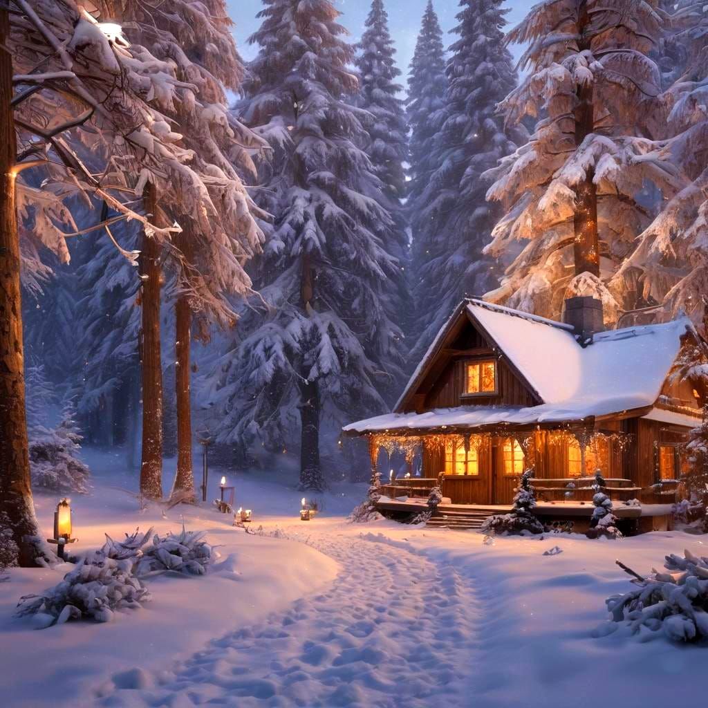 Cozy Winter Cabin in Snowy Landscape