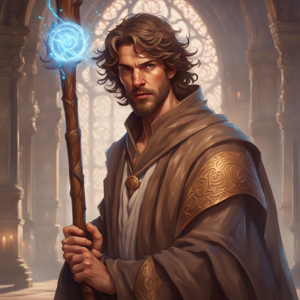 Young Wizard Portrait with Glowing Runes in Art Nouveau Styl...