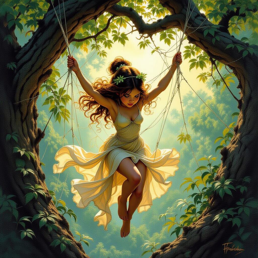 Pixie Entangled in Spiderweb, Fantasy Art