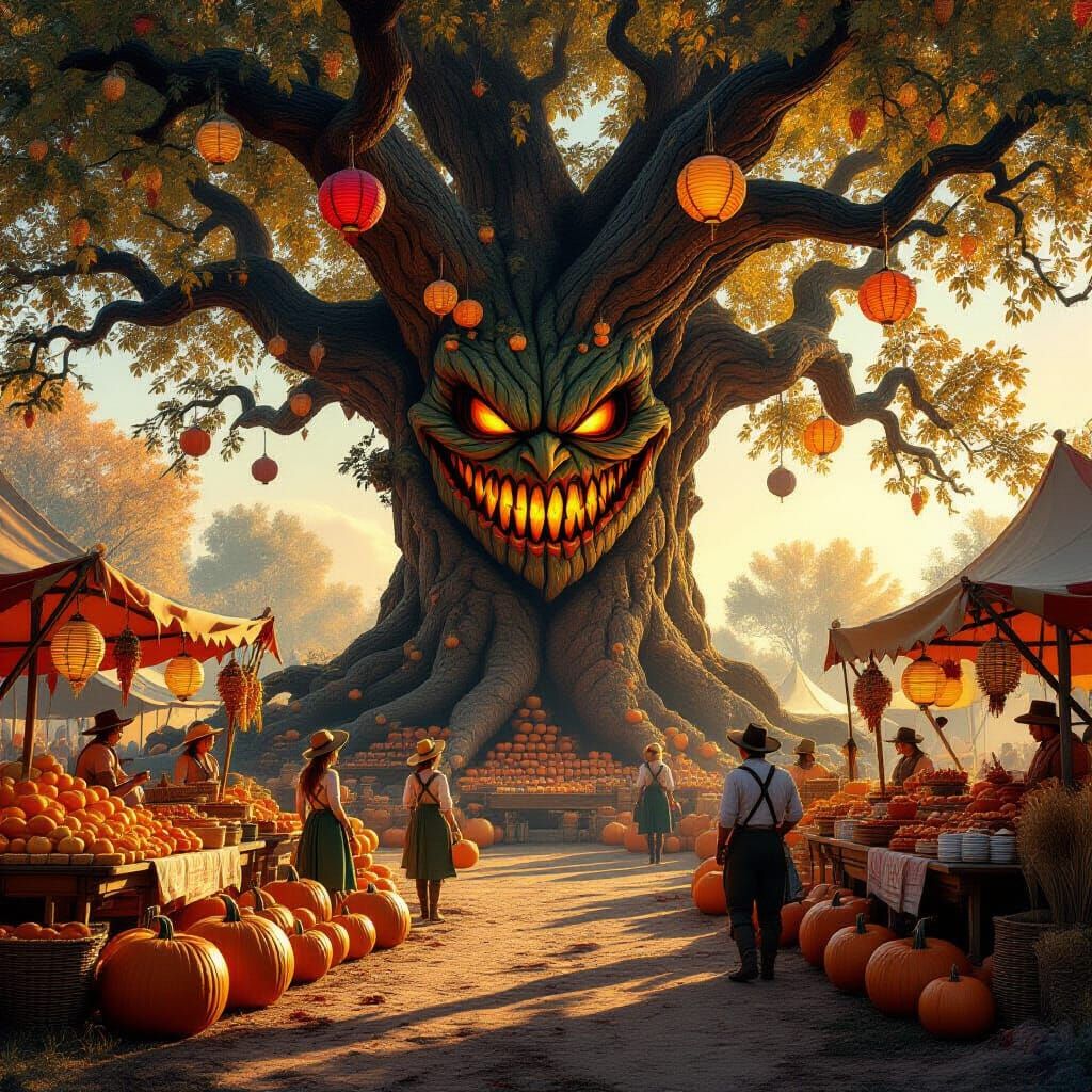 Harvest Festival with a Menacing Grinning Oak Tree