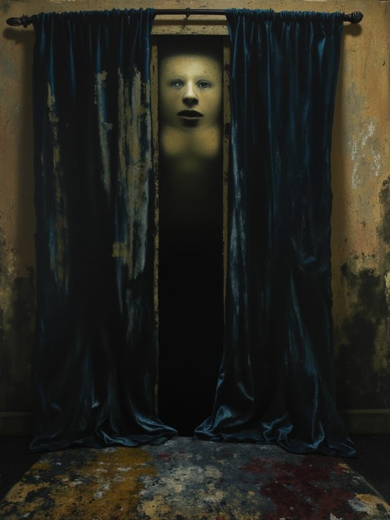 Figure Hidden Behind Curtain in Dimly Lit Room