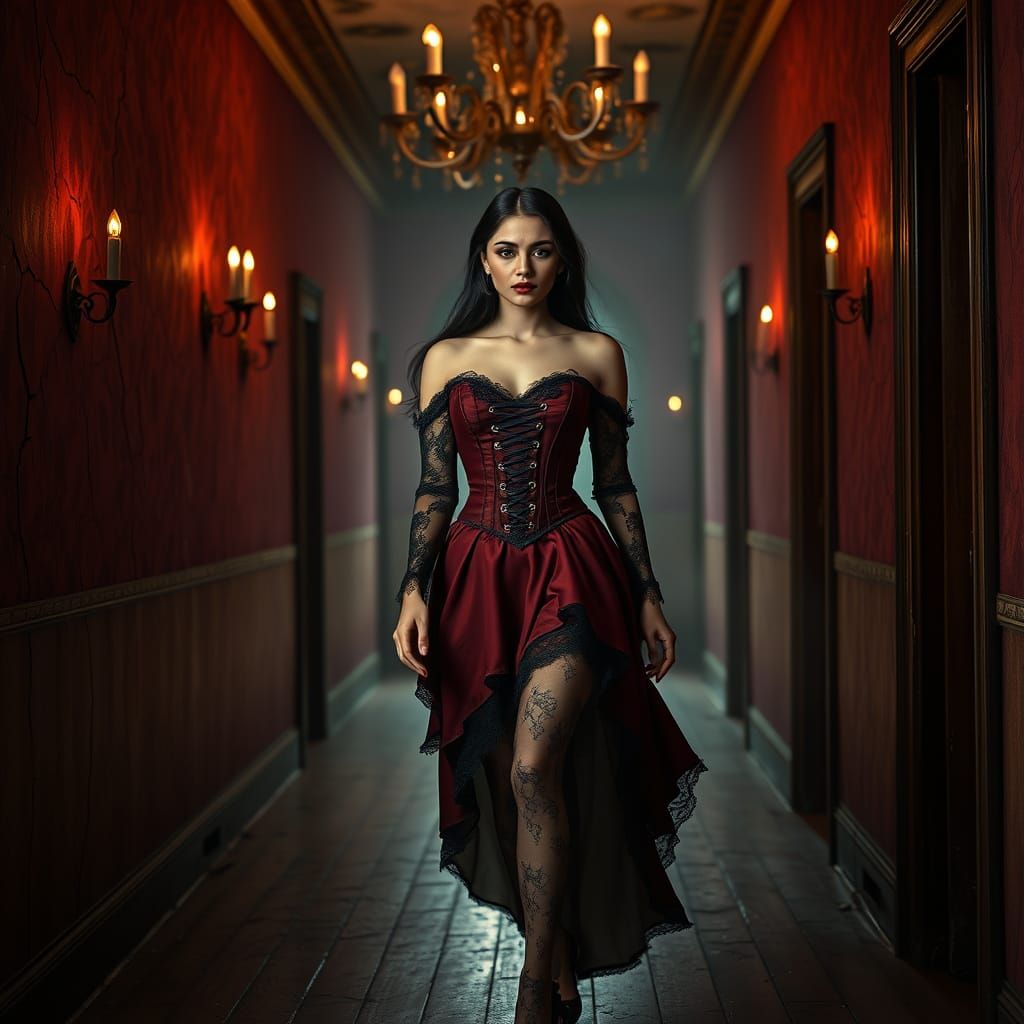 Victorian Gothic Beauty Walks a Haunting Hallway