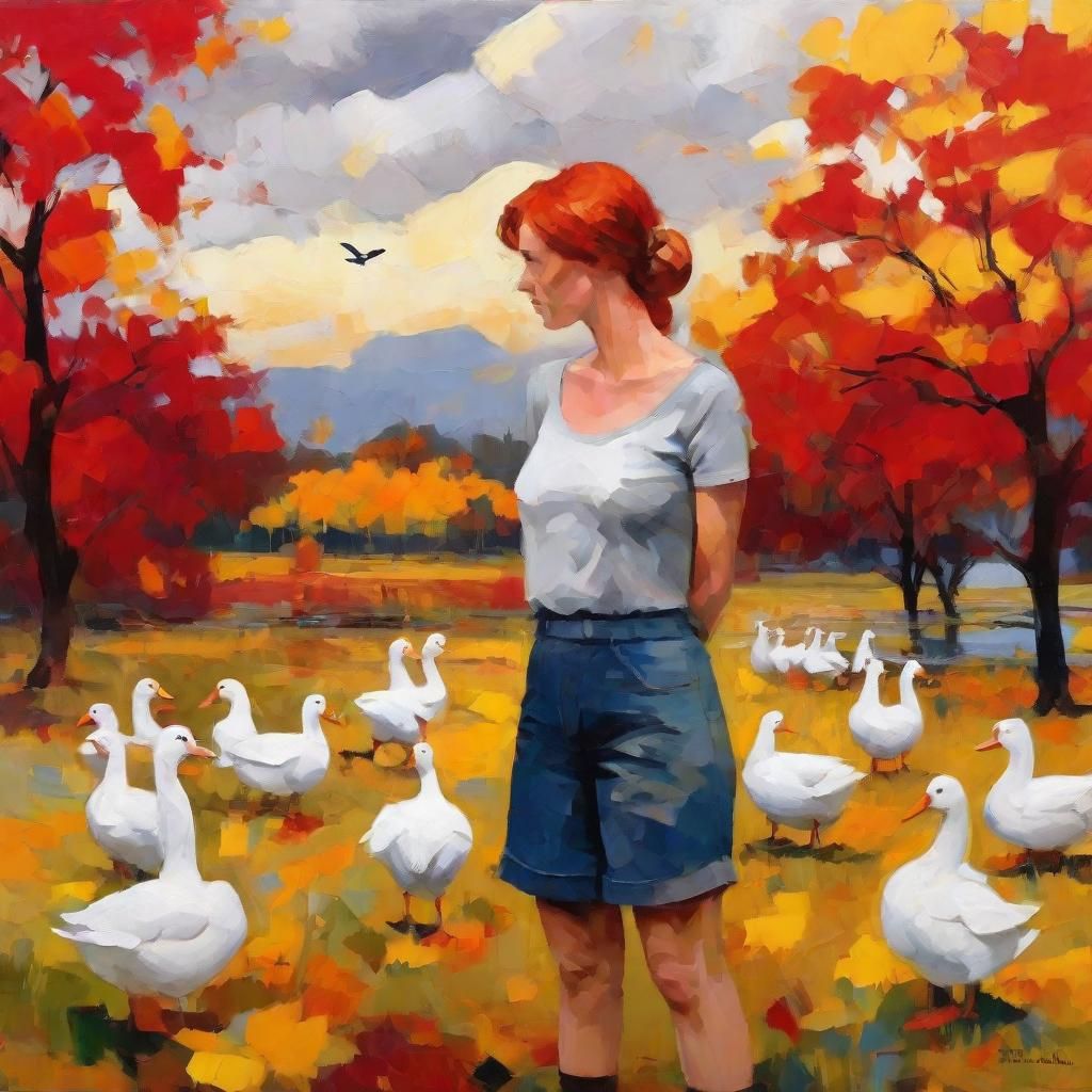 Farmyard Scene with Woman, Ducks, and Stormy Sky