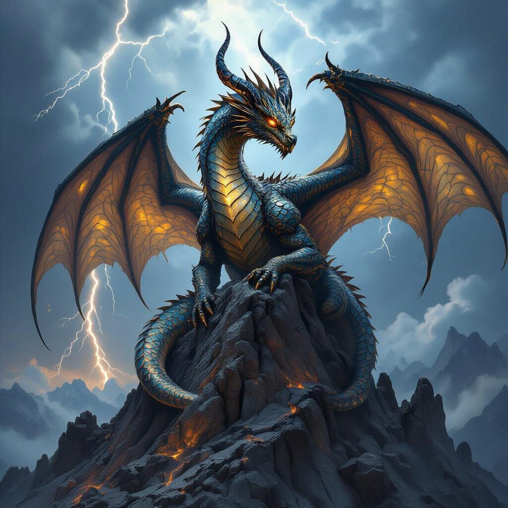 Ancient Dragon on Mountain Peak in Epic Fantasy Style