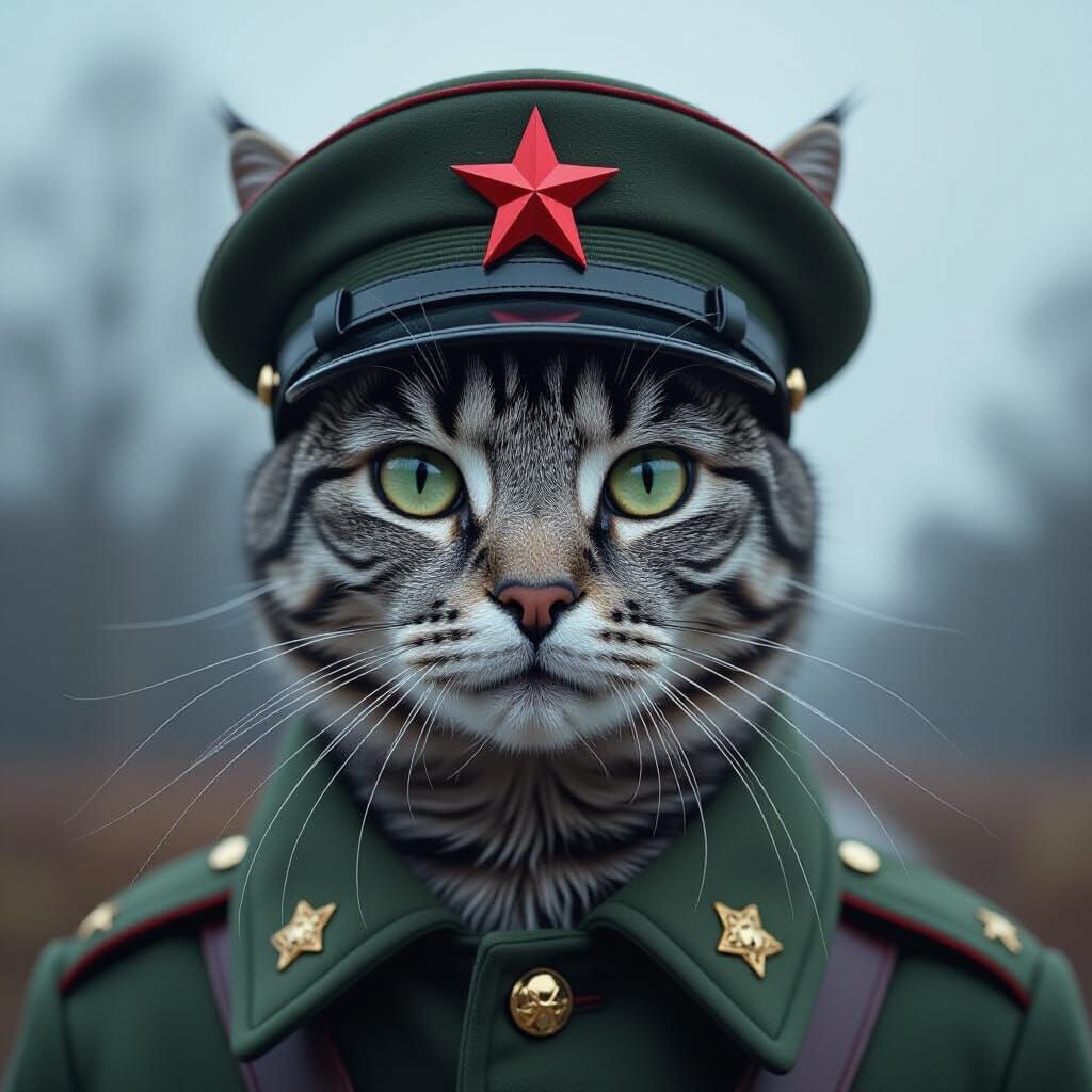 Gray Cat in Military Cap with Red Star