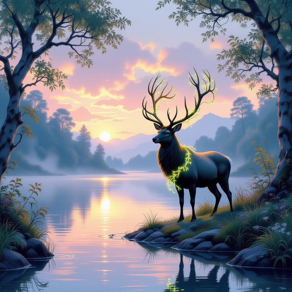 Ethereal Stag Beside Misty Lake at Dawn