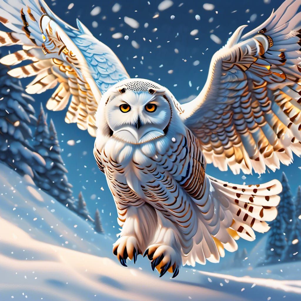 Snow Owl in Snowy Skies: Realistic Detailed Painting