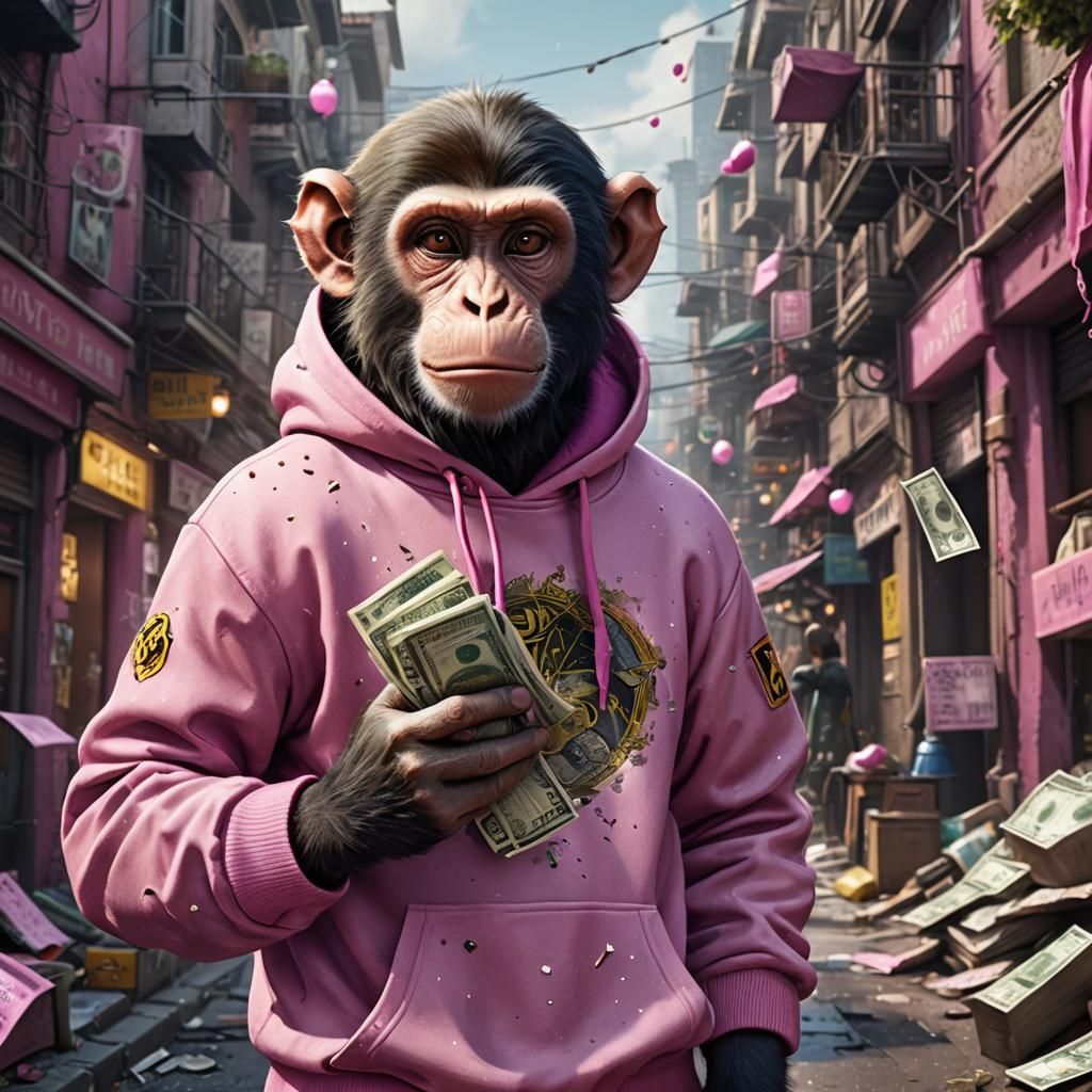 Monkey in Pink Jumper with Money, Detailed Matte Painting