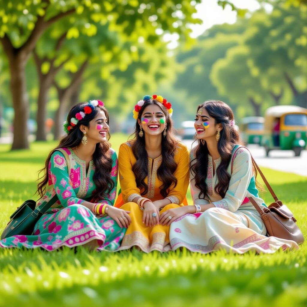 Indian College Girls Laughing on Sunny Grass Field