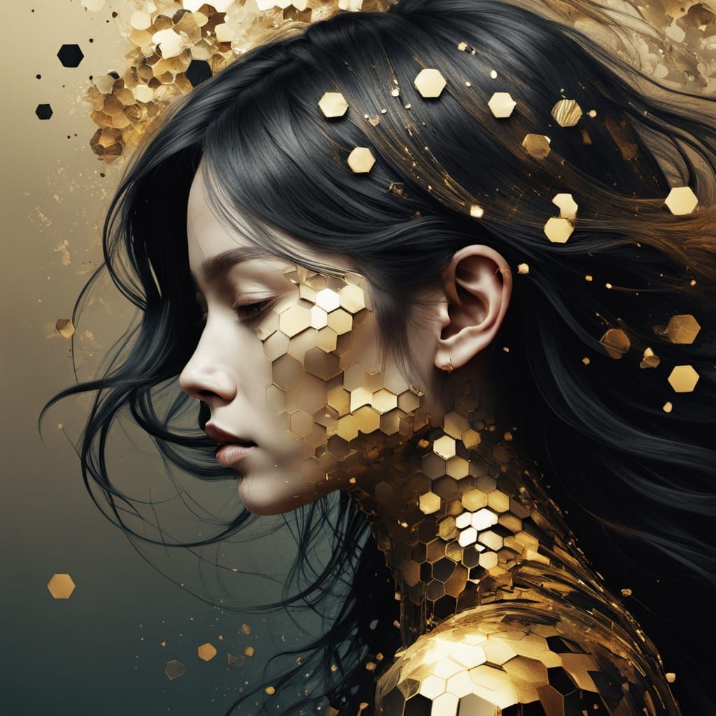 Surreal Glitch Art: Dissolving Golden Female Profile