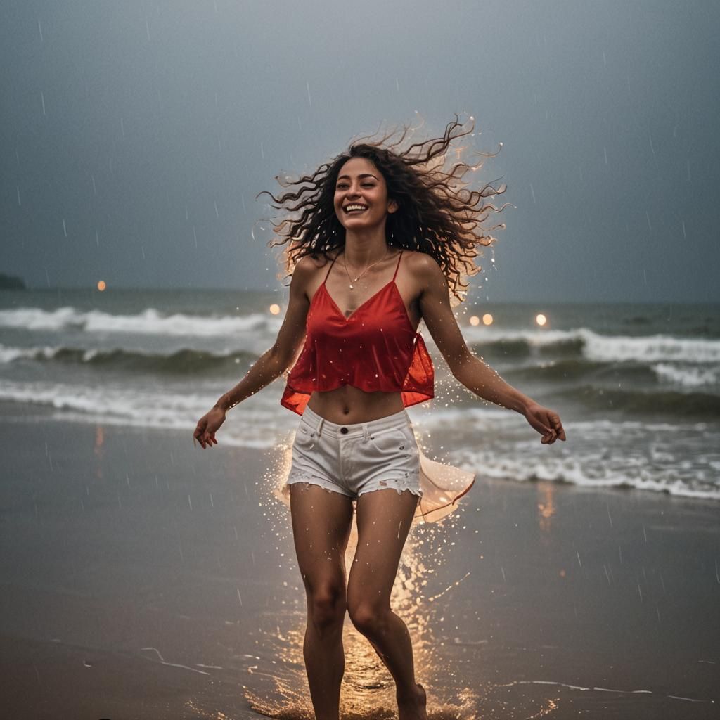 Woman Dancing in Rain on Beach at Night: 8K Realism