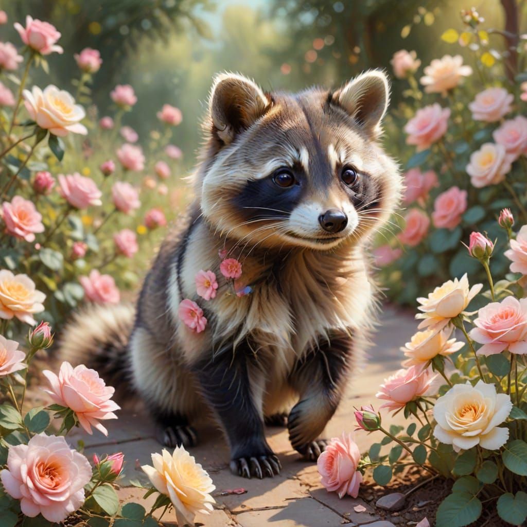 Baby Raccoon Dog in Garden, Dreamy Oil Paint Style