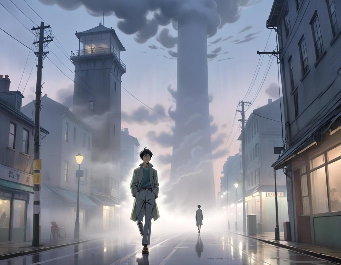 Fog Man in Atmospheric Kinetic Art Style