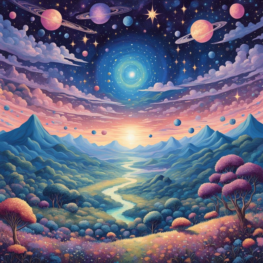 Celestial Dreamscape with Whimsical Stars and Jungle Landsca...