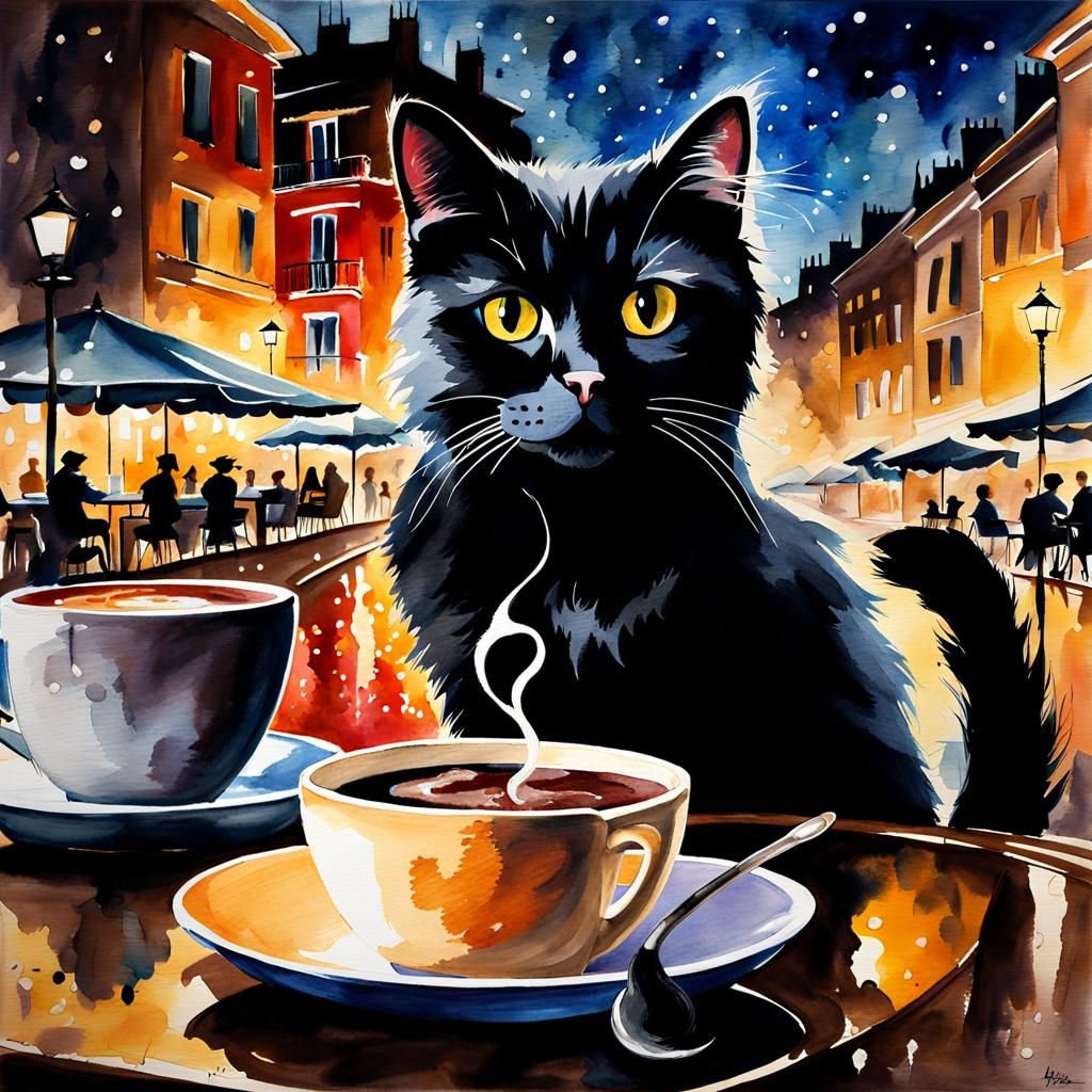 Night Cafe Scene with Cat in Watercolor Style