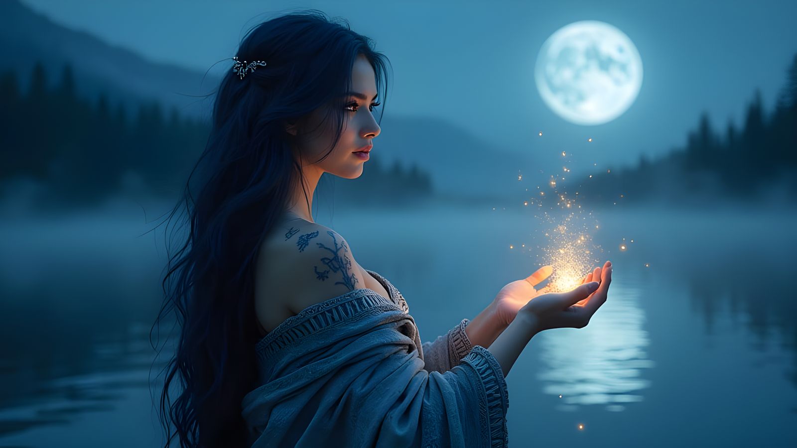 Mystical Norse Sorceress Weaves Destiny Under Full Moon