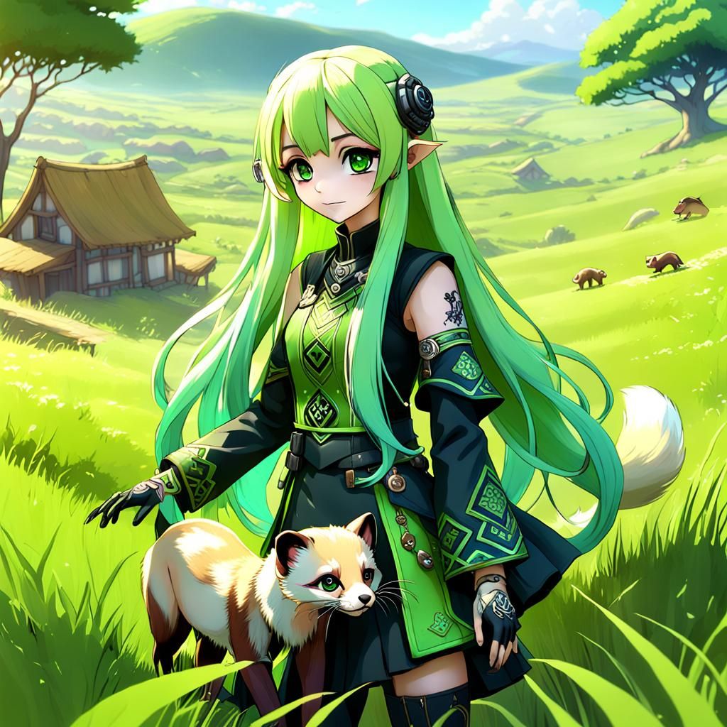Anime Girl with Ferret: Detailed Matte Painting