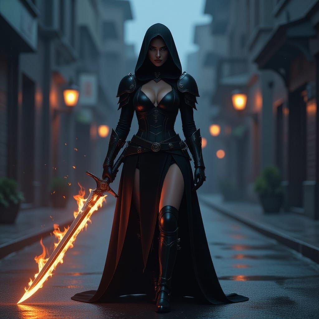 Armored Nun with Fire Sword, Cinematic Digital Art